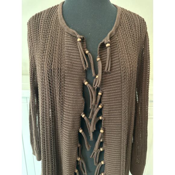 Chico’s Open Front Open Knit Cardigan Sweater Beaded Fringe Sz 2 /14 Brown Boho - Picture 2 of 10